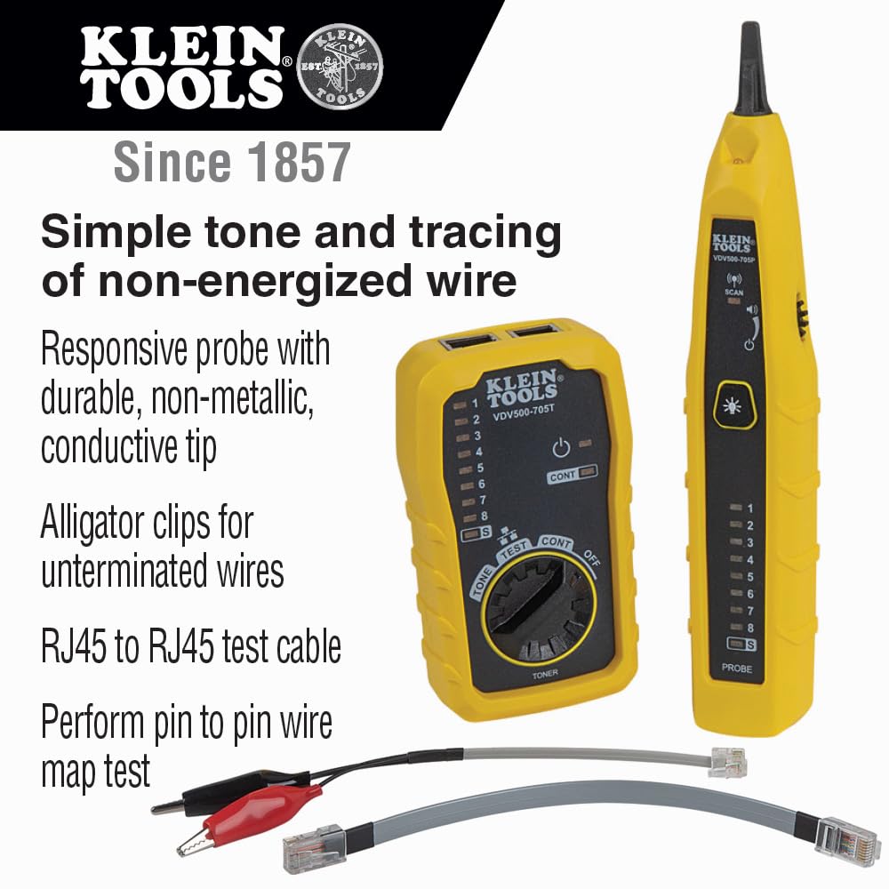 Klein Tools VDV500-705 Tone Generator and Probe Kit, Wire Tracer and Tester with Probe Includes Alligator Clips and RJ11 / RJ12 / RJ45 Plug
