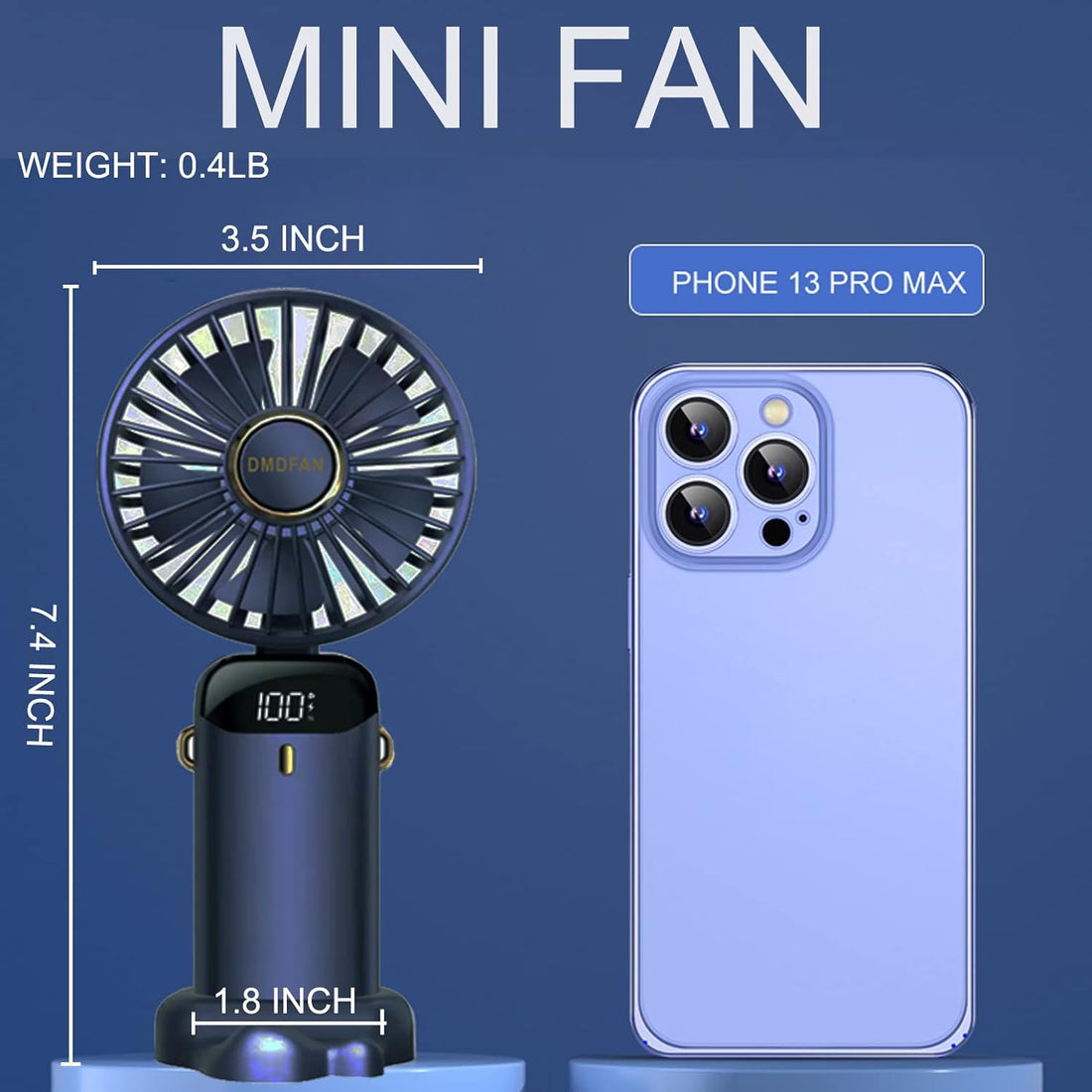 DMDFAN Mini Handheld Fan, Portable Personal Fan Hanging Neck Fan 90° Adjustable USB Rechargeable 3000mAh Small Desk Fan 5 Speed for Home Office Travel (3000mAh, Navy Blue)