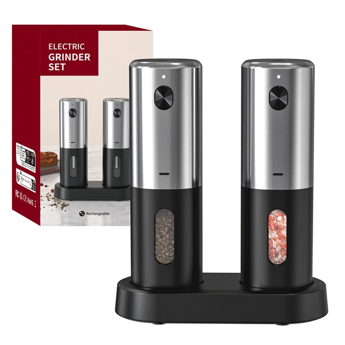 Electric Salt and Pepper Mill Set, Rechargeable with Base Salt and Pepper Grinder Set, Coarse and Fine Adjustable, LED Light, Abrasion Resistant, ABS + Stainless Steel (2 pack)