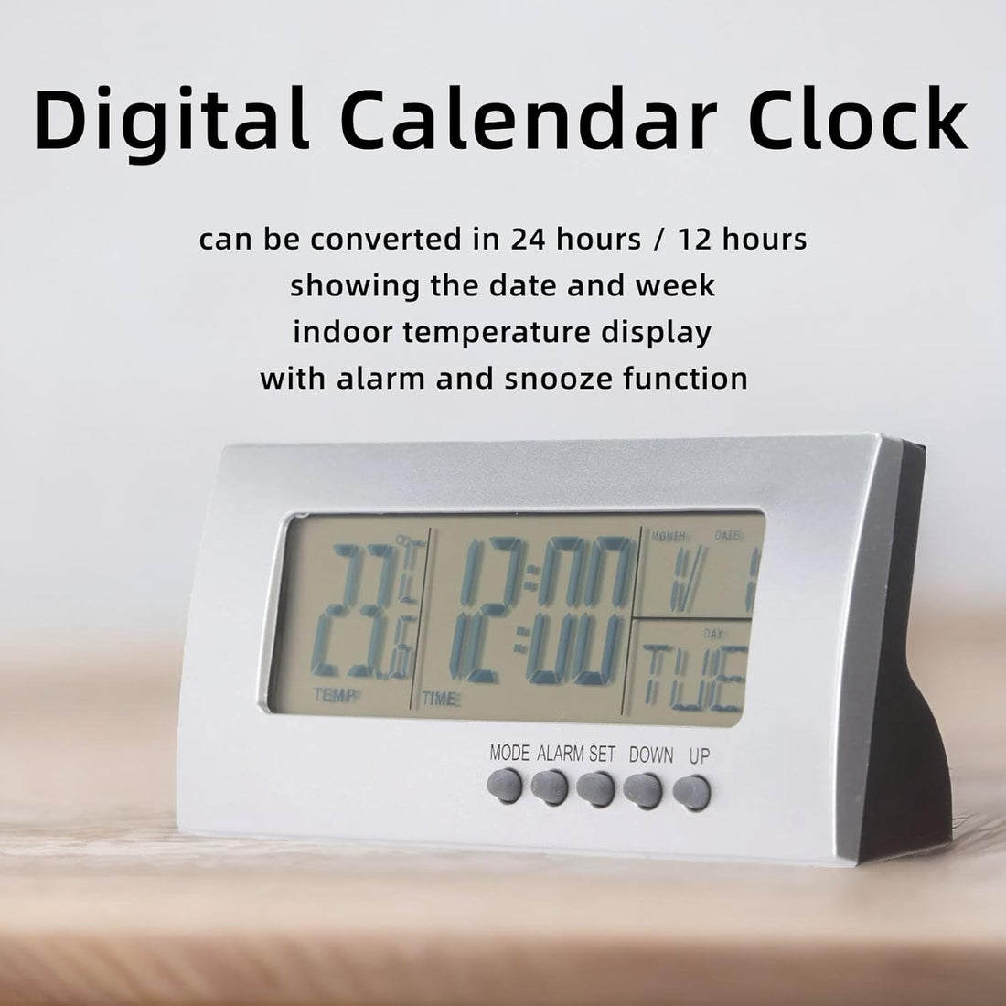 Digital Calendar Clock, Digital Travel Alarm Clock Desk Clock with Temperature and Date Large Display Day Clock for Elderly Home Office