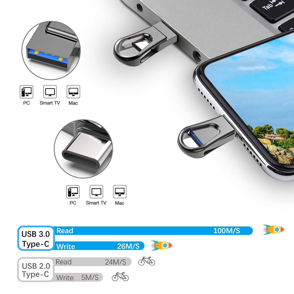 Flash Drive 32GB Dual USB C USB 3.0 OTG with Keychain Hole USB Flash Drive for Laptop PC PDA Smartphones Tablet Samsung Black