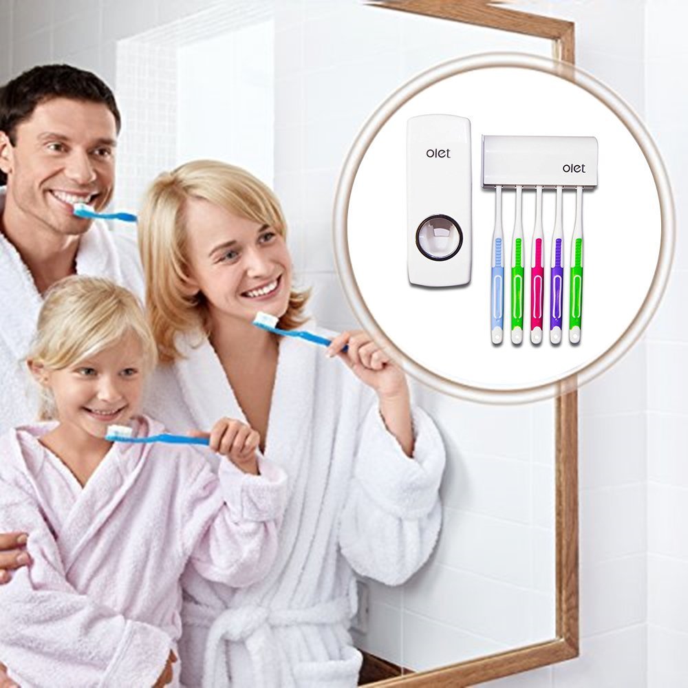 TOWOMO Automatic Toothpaste Dispenser, Toothpaste Squeezing and Tooth Brush Holder Set(5 Brushs Set) - White