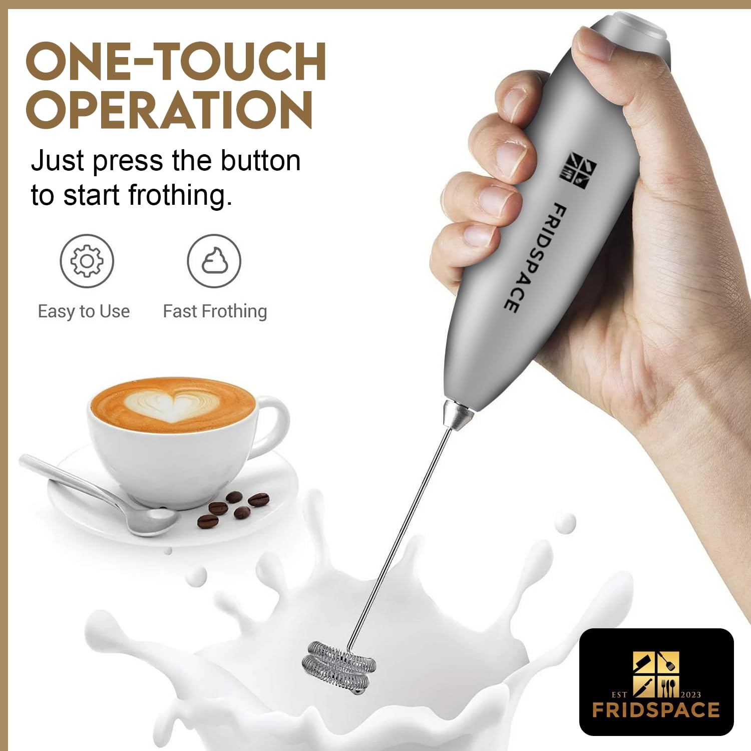 Handheld portable milk frother durable double whisk electric coffee machine, battery operated stainless steel milk mixer with stand, instant foam maker for latte, cappuccino, hot chocolate, Frappe