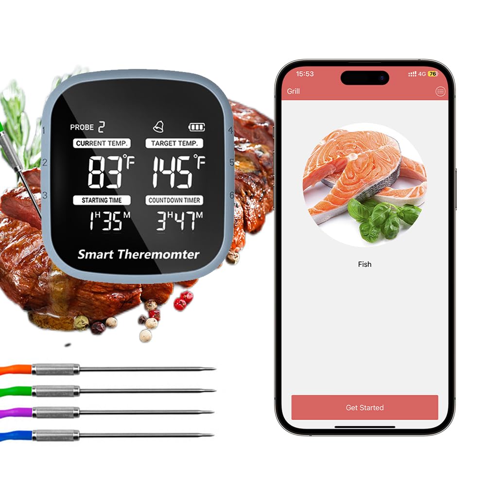RUSUO Meat Thermometer LCD Digital Food Grill Thermometer with Alarm 4 Probes APP Control Thermometer Cooking Food Meat Thermometer for Grill/Oven/BBQ