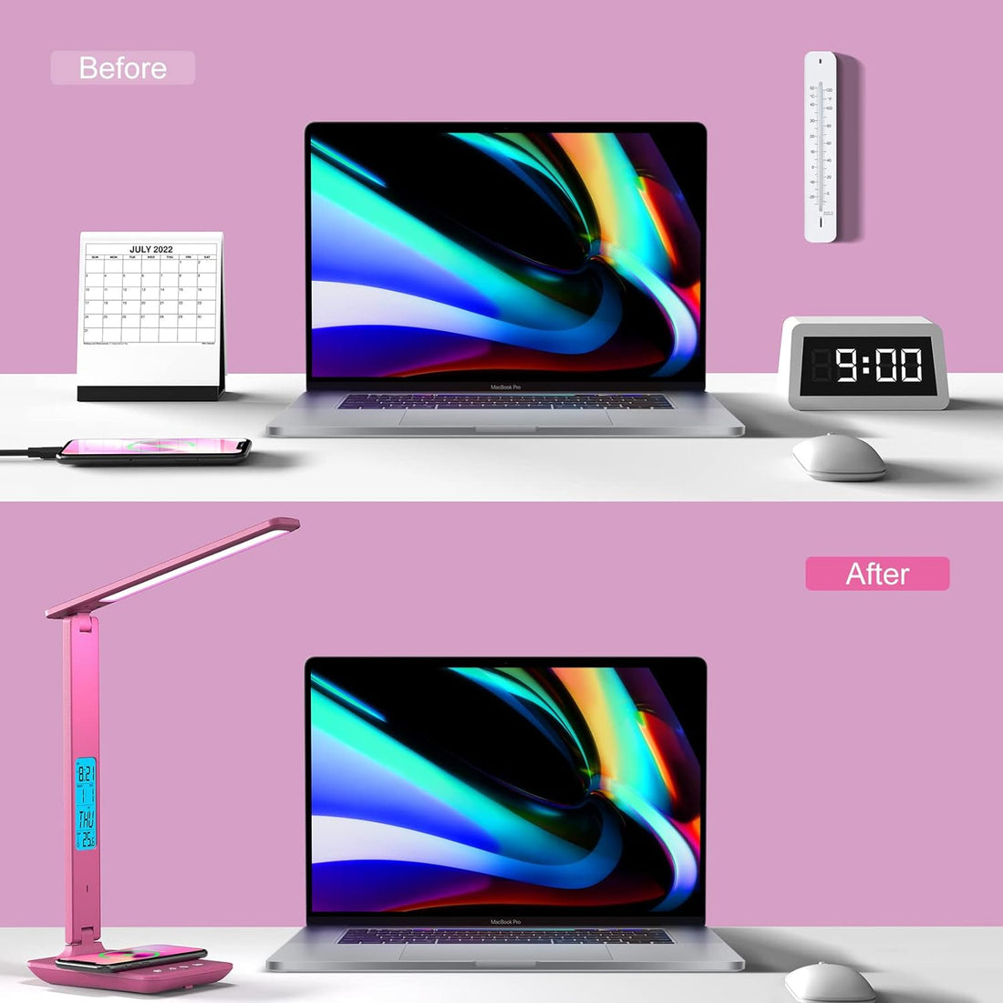 poukaran Desk Lamp, LED Desk Lamp with Wireless Charger, USB Charging Port, Table Lamp with Clock, Alarm, Date, Temperature, Office Lamp, Desk Lamps for Home Office, Pink