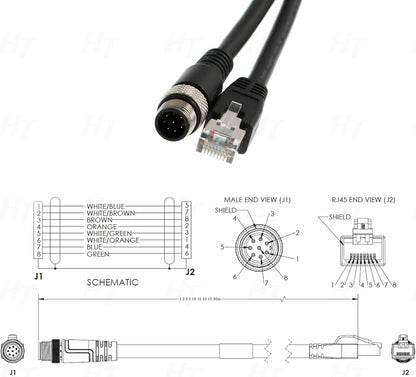 HangTon M12 Ethernet Cable for Cognex Vision Camera Barcode – Side View