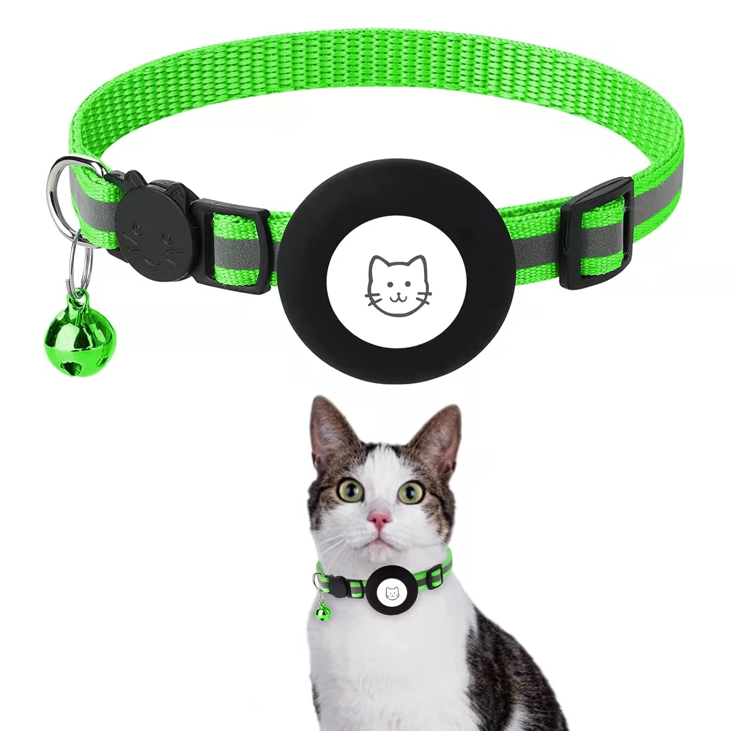OUSHIBU Breakaway Airtag Cat Collar, Reflective Apple Air Tag Cat Collar with Bell and Waterproof Airtag Holder Case, GPS Pet Tracker Collar for Girl Boy Cats, Kittens, Puppies (Green)