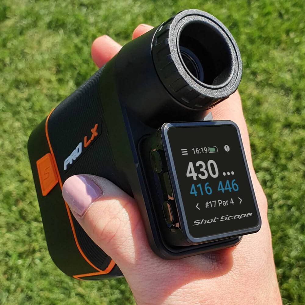Shot Scope PRO LX+ Laser Rangefinder with Shot Tracking (Orange) - F/M/B Green and Hazard Distances - 100+ Statistics Including Strokes Gained - Adaptive Slope Technology - Red and Black Dual Optics