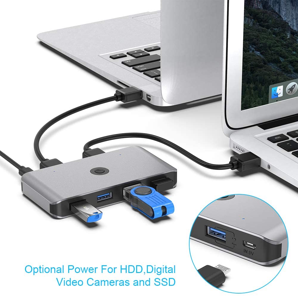 USB 3.0 Switch Selector, KVM Switch Adapter 2 Computers Sharing 4 USB Devices, USB Peripheral Switcher Box Hub for PC Printer Scanner Mouse Keyboard with One Button Swapping and 2 Pack USB Cable