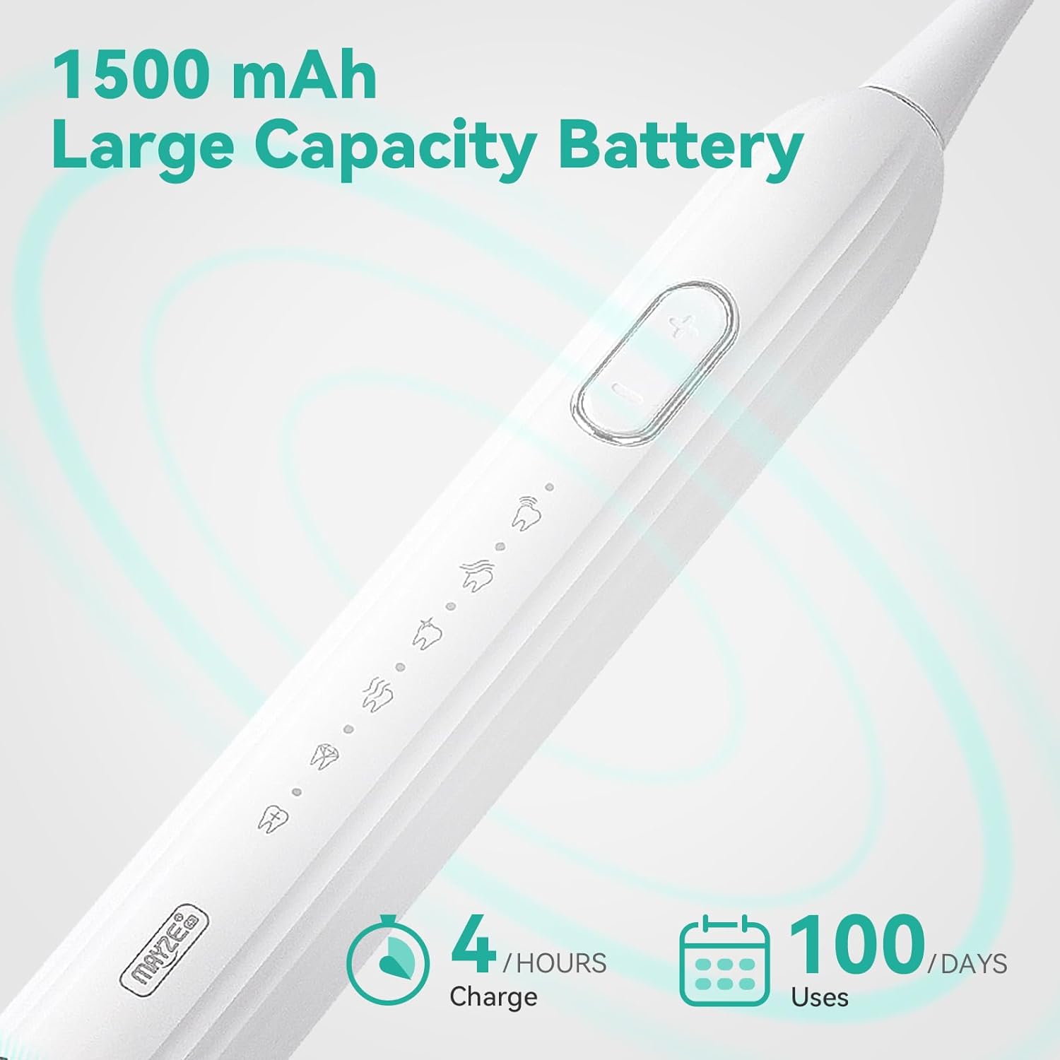 MAYZE Sonic Electric Toothbrush with 6 Brush Heads&Travel Case for Adults, One Charge for 60 Days, 3 Intensity Levels&5 Modes with 2 Minutes Build in Smart Timer, Rechargeable Toothbrushes (White)