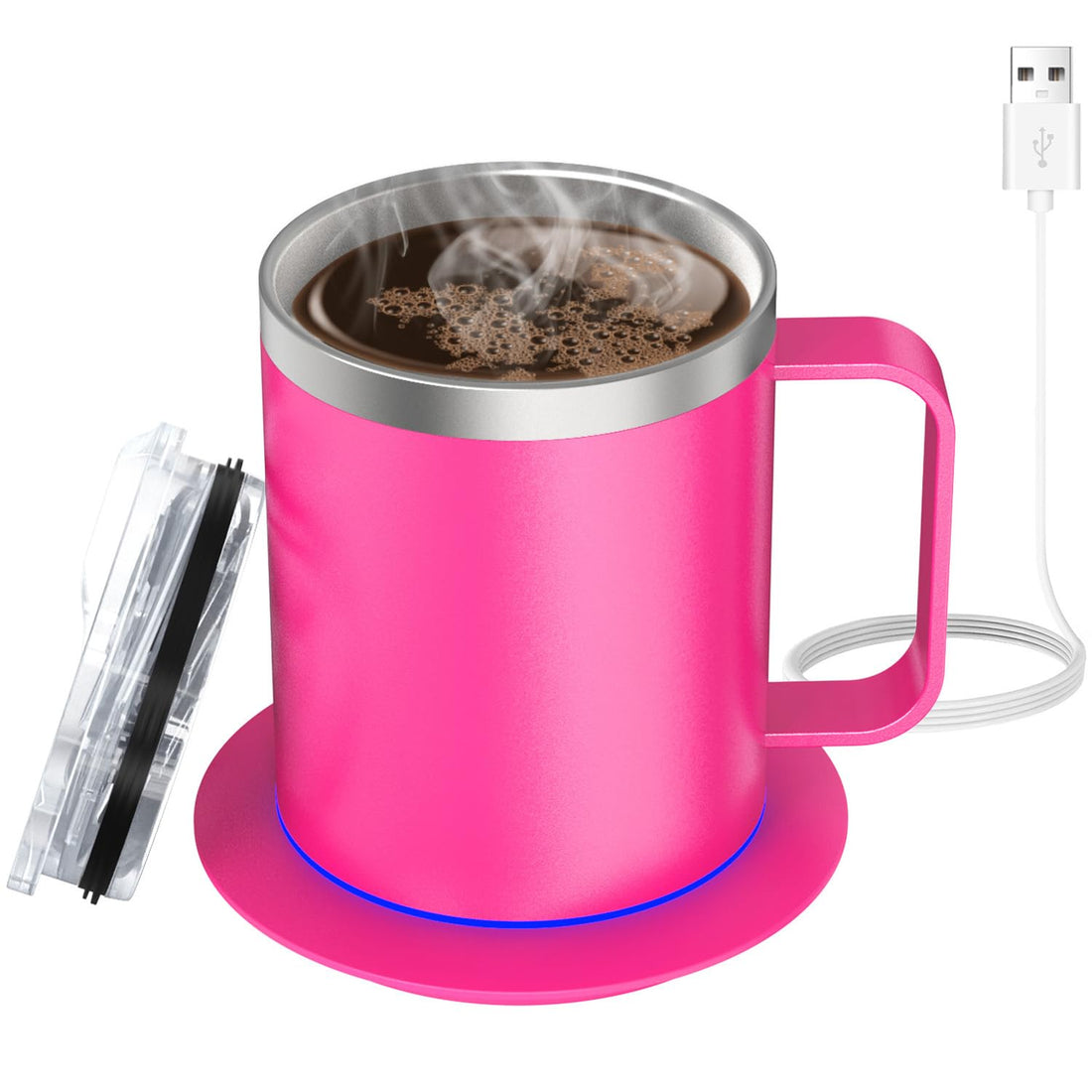 Self Heating Coffee Mug with Double-Layer 18/8 Stainless Steel,USB Powered Coffee Mug Warmer Set,Heated Mug for Coffee (12oz Rose)
