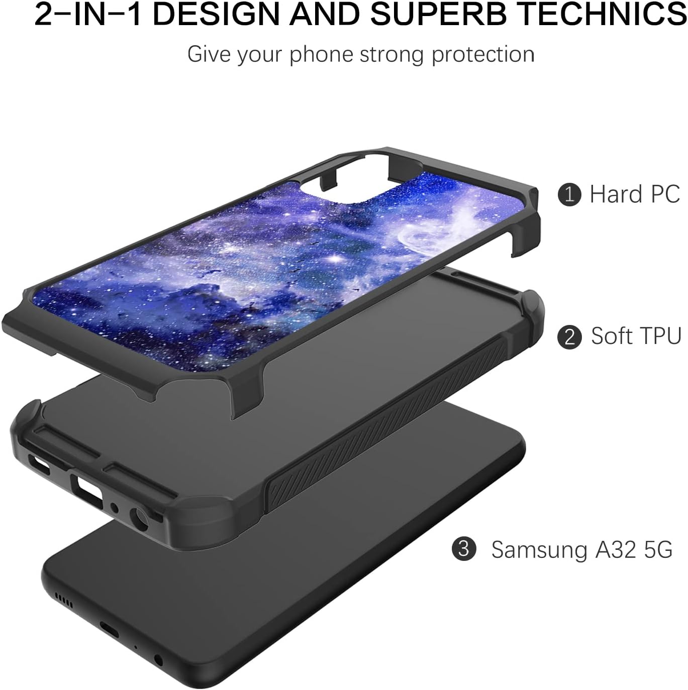 BENTOBEN Samsung Galaxy A32 5G Case, Slim Fit Glow in The Dark 2 in 1 Heavy Duty Rugged Hybrid Soft TPU Bumper Hard PC Shockproof Protective Cases Cover for Samsung Galaxy A32 5G 6.5", Blue Nebula