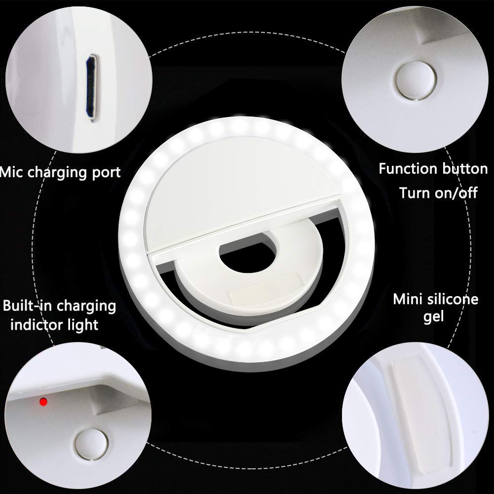 Selfie Ring Light, XINBAOHONG Rechargeable Portable Clip-on Selfie Fill Light with 36 LED for iPhone/Android Smart Phone Photography, Camera Video, Girl Makes up (White) (Black)