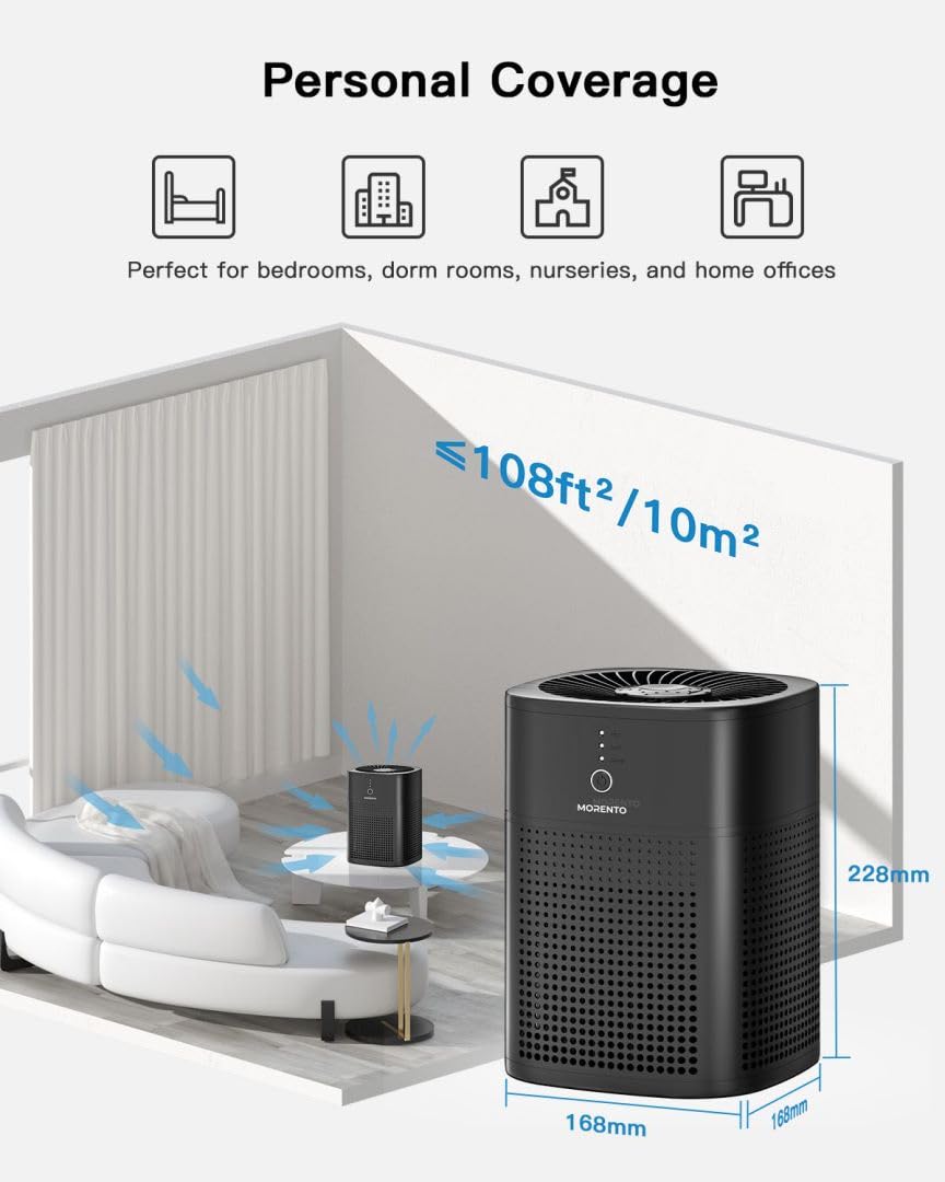 Air Purifiers for Home, MORENTO H13 True HEPA Filter Air Purifiers Air Cleaners for Smoke Pollen Pet Dander Allergies Hair Smell, Portable Air Purifier with 24db Sleep Mode for Bedroom Office Living Room Kitchen, HY1800, Black