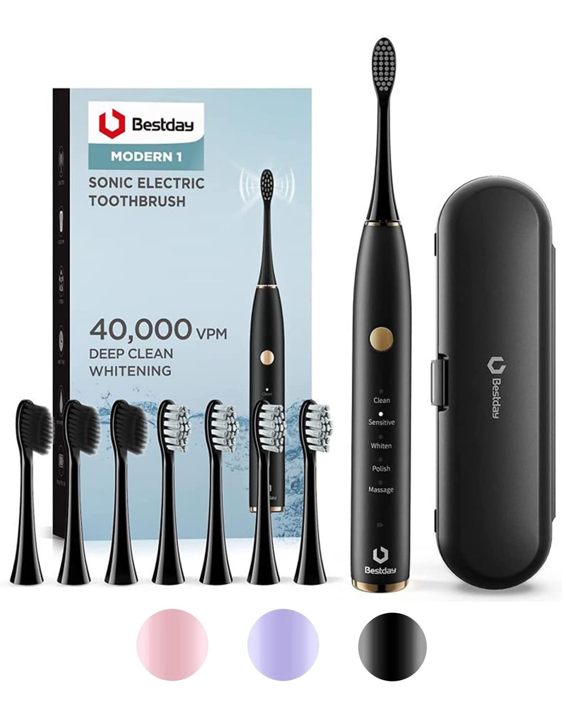 Electric Toothbrushes for Adults, Ultra Whitening Sonic Electric Toothbrush w Charcoal Bristle, 180 Days Battery Life, 8 Brush Heads & Travel Case, 5 Modes w Smart Timer for Braces, Waterproof, Black