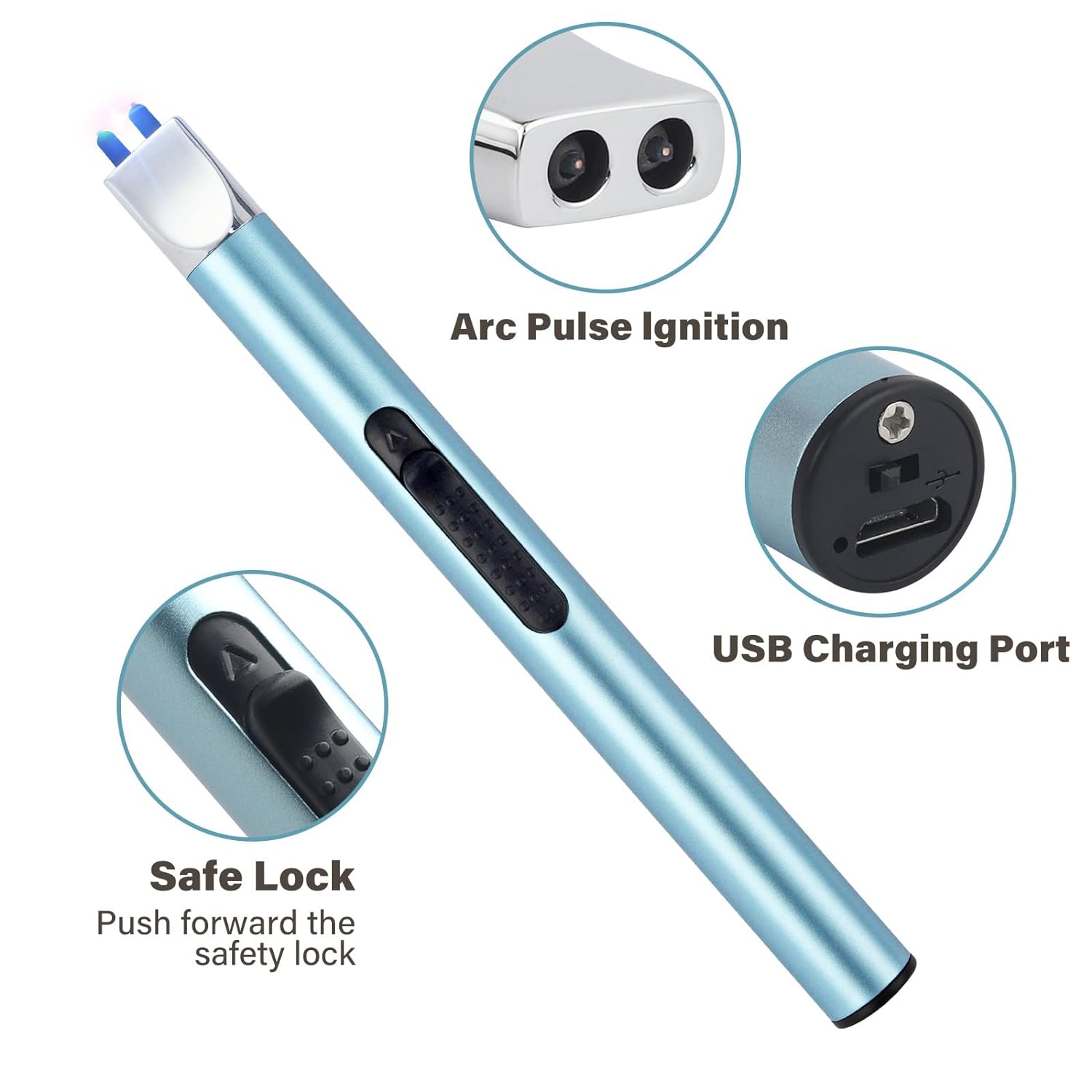 Electric Candle Lighter Long Pen Shape Windproof Pulse Arc Lighers USB Rechargeable for Candle Kitchen Fireplace Camping BBQ (Blue)
