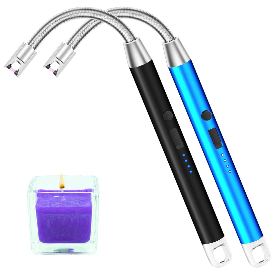 SHENG YU FAN Candle Lighter 2Pack Electric USB Rechargeable arc Plasma with LED Battery Display Safety Switch Power Indicator,Longer Flexible Neck for Camping Cooking BBQs Fireworks, Black & Blue