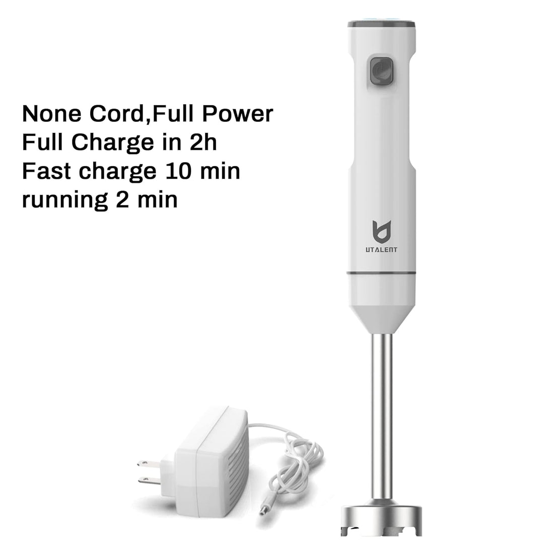 Cordless Hand Blender, UTALENT Variable Speed Immersion Blender handheld Rechargeable, with Fast Charger, Milk Frother, Egg Whisk, for Smoothies, Milkshakes, Hummus and Soups – White