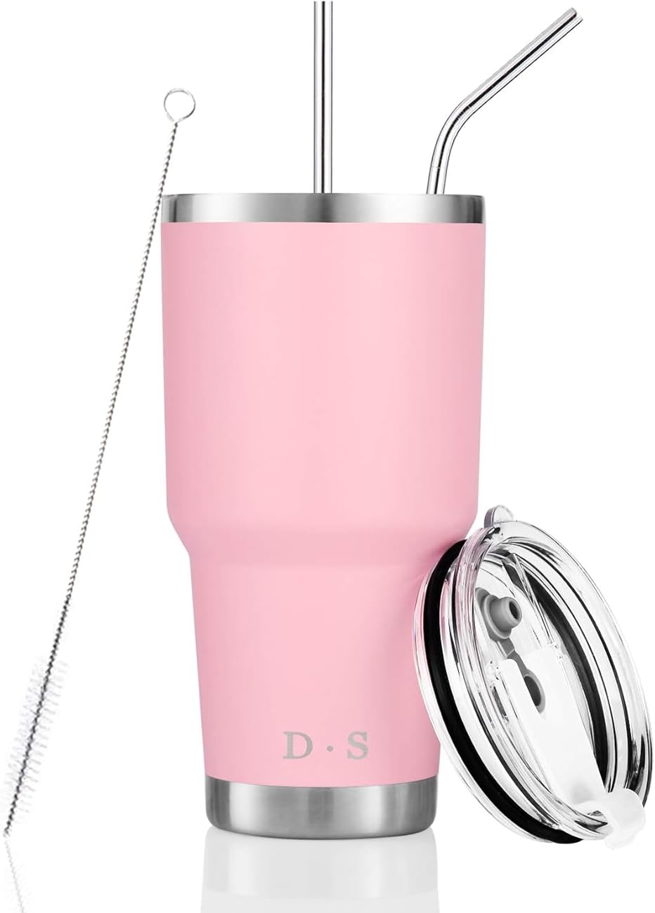 30oz Pink Tumbler Stainless Steel Insulated Travel Mug with Straw Lid Cleaning Brush