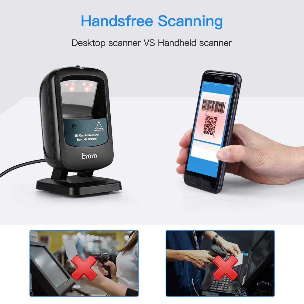 Eyoyo 2D Hands-Free Barcode Scanner, Omnidirectional USB Wired Desktop Barcode Reader 1D 2D PDF417 Data Matrix Bar Code Reader with Automatically Scanning for Retail Store Supermarket Mall Business