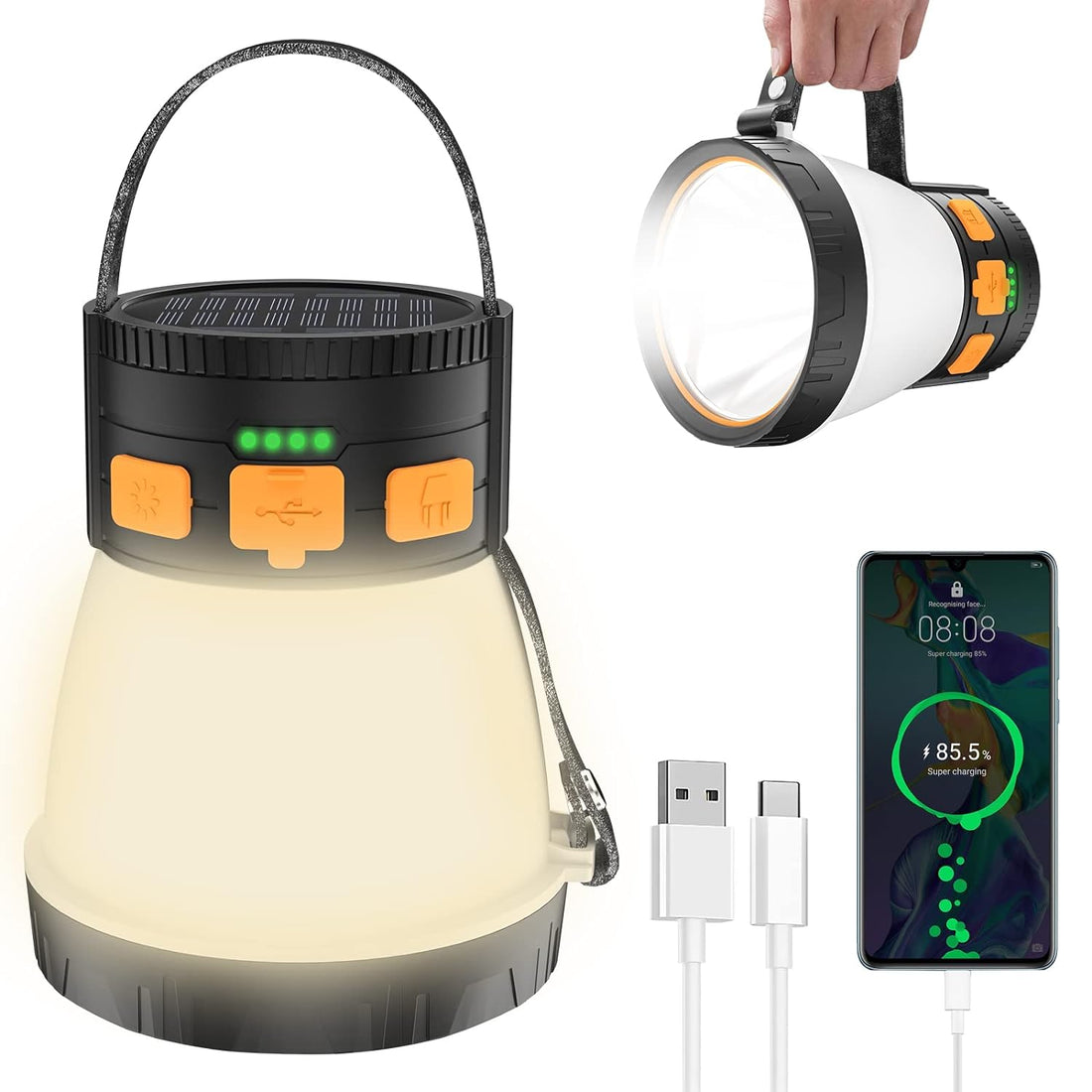 LED Camping Lantern, 1500 Lumens Rechargeable Super Bright Camping Light with Solar Panel Charging, Waterproof, 3 Light Modes, 7500mAh Power Bank, Tent Lantern for Hurricane Emergency, Hiking, Outdoor