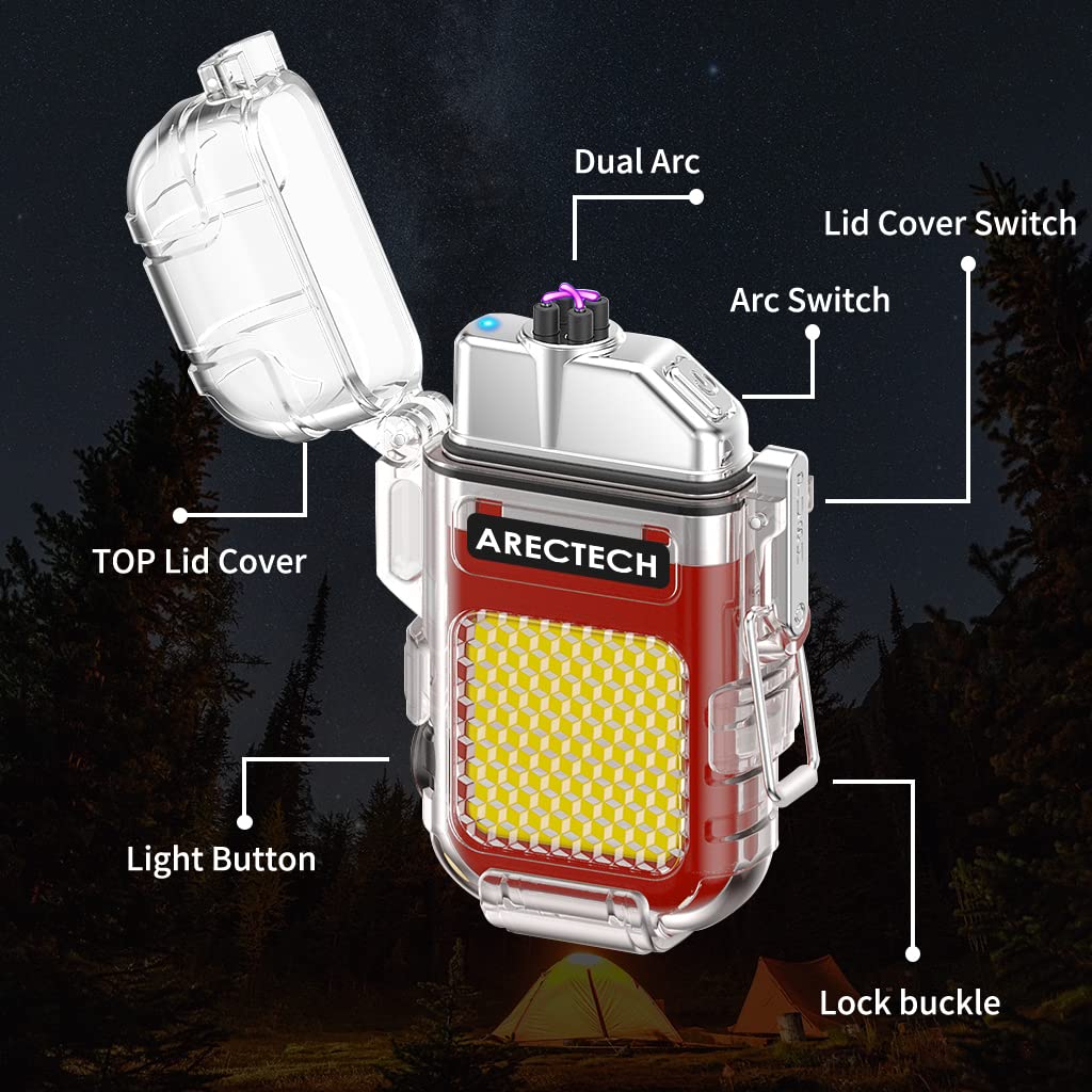 ARECTECH Rechargeable Lighter Electric Arc Dual Lighter 3 Modes of Flashlight Windproof Plasma Lighters Waterproof with Survival Emergency Whistle and Lanyard for Outdoor Candle Camping (Red)