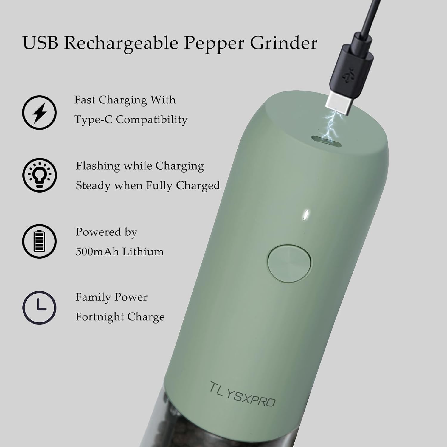 Electric Salt and Pepper Grinder Set, USB Rechargeable, Automatic Salt and Pepper Mill Grinder with Adjustable Coarseness, Electric Salt Shakers, LED Light, Refillable, Kitchen Gadgets (2 Packs, Sage)