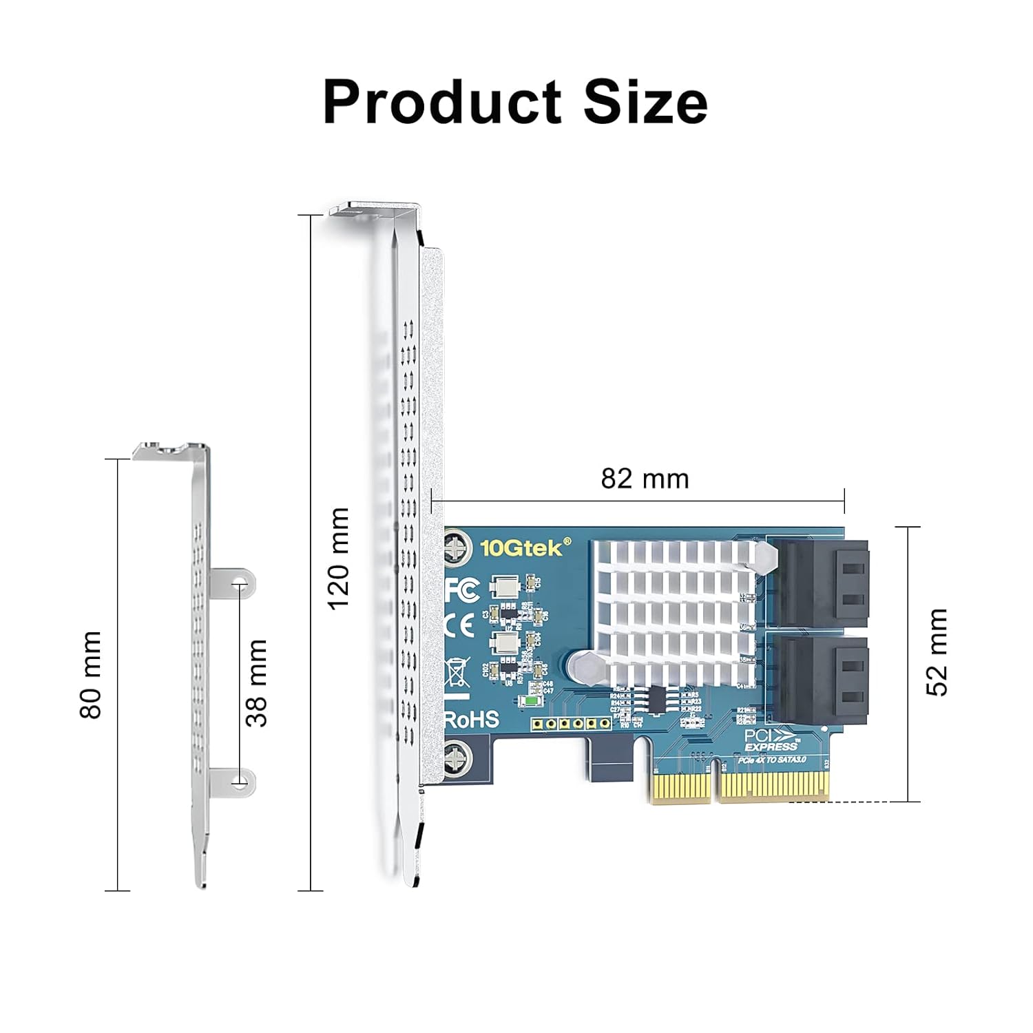 10Gtek PCIe SATA Card 4 Port with 4 SATA Cables and Low Profile Bracket, 6Gbps SATA3.0 Controller PCI Express Expansion Card, X2, Support 4 SATA 3.0 Devices