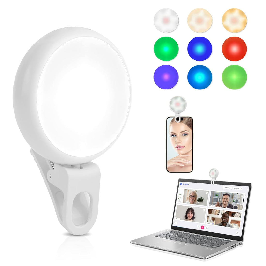 Selfie Light, Rechargeable Portable Selfie Ring Phone Light Clip. Suitable for Cell Phones, laptops, Tablets, Selfie/Zoom Call/Photography/Makeup (RGB)