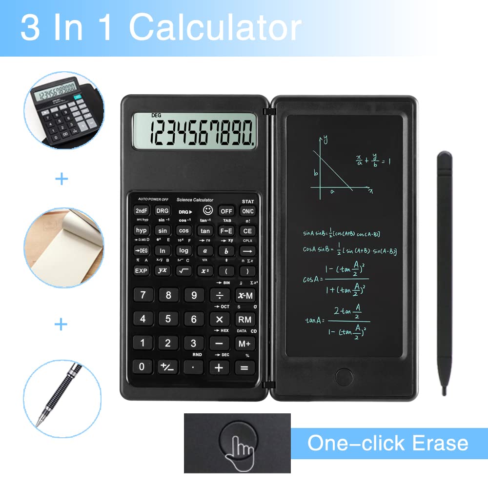 Scientific Calculators for high-School, 10 Digits Digital with Erasable Writing Board Math Calculator for Middle School & College (Black)