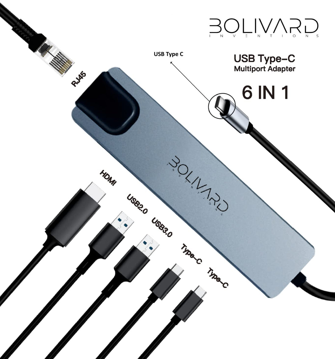 Bolivard USB Hub 6-in-1 Type C to Multiport Adapter, 4K HDMI, Ethernet Rj45 Network, USB3.0, USB-C, PD Fast Charging Compatible to Charge MacBook Air/Pro and All Devices with Type C Charging Port