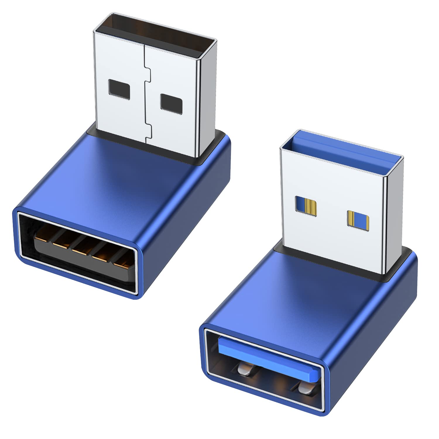 AreMe 90 Degree USB 3.0 Adapter 2 Pack, Up and Down Angle USB A Male to Female Converter Extender for PC, Laptop, USB A Charger, Power Bank and More (Blue)