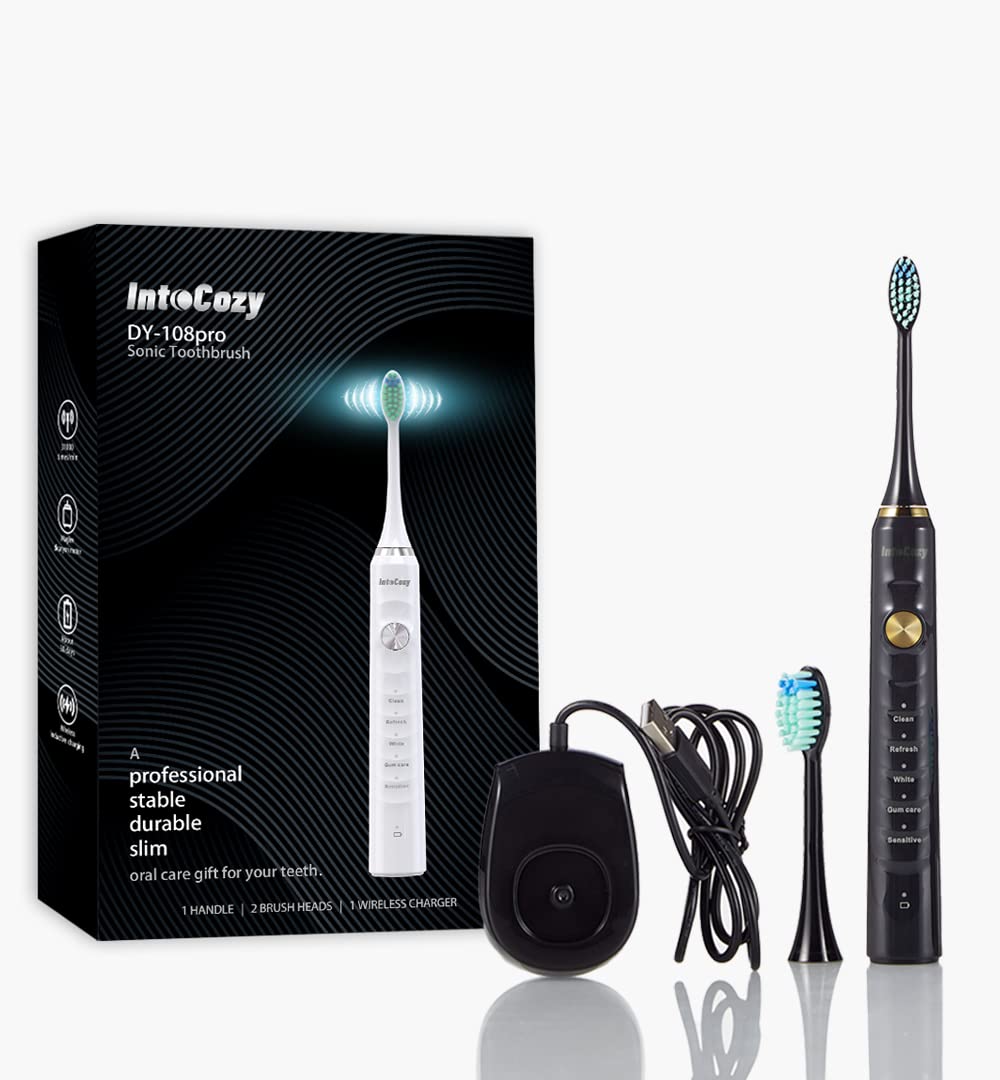 IntoCozy Sonic Electric Toothbrush Whitening Toothbrush with 2 Dupont Heads for Adults and Teenagers, Wireless Charging, 5 Modes with Smart Timer, IPX7 Waterproof(Black)