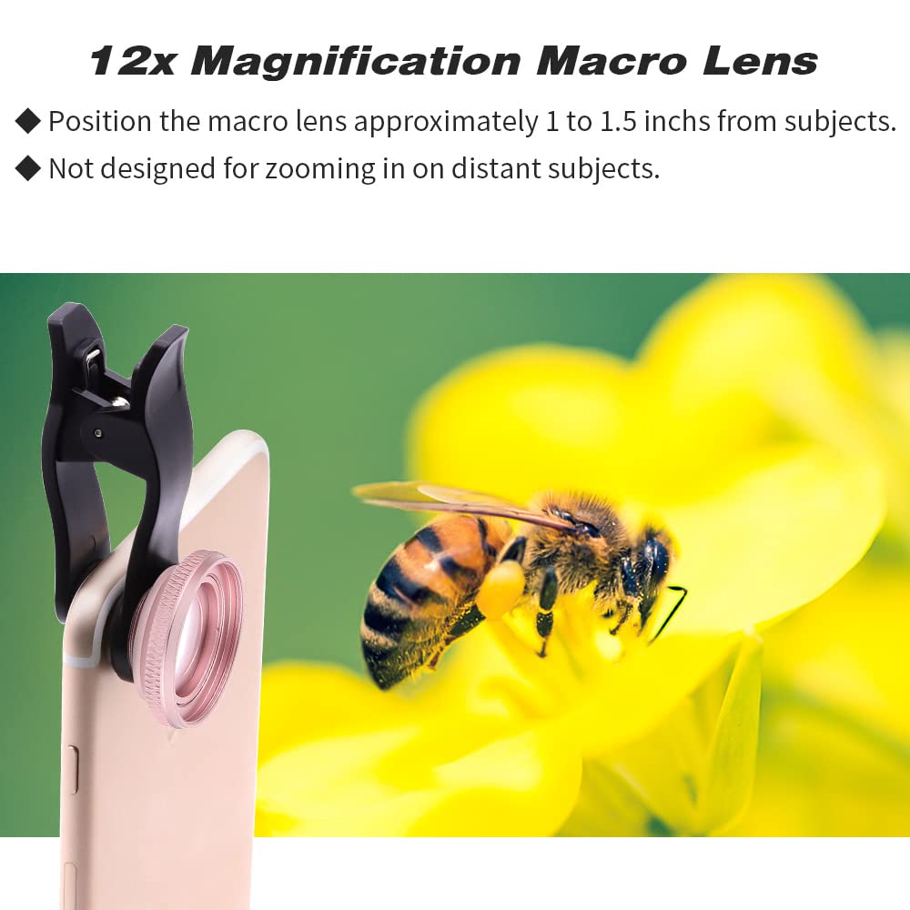 Lens Kit for iPhone and Android, 12X Macro Lens and 0.6X Wide Angle Lens Up to 120°, Phone Camera Lens, Color Rose Red