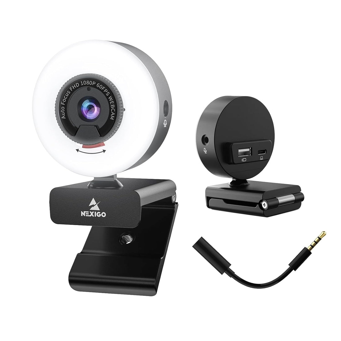 NexiGo N960E Pro 60FPS Webcam with Mic/Headset Jack and Extra USB Port, 1080P Web Camera with Light, Fast AutoFocus, Built-in Privacy Cover, for Zoom Meeting Skype Teams Twitch