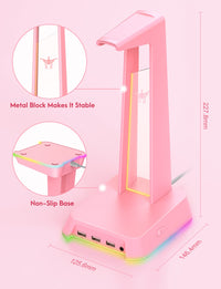 SOSISU RGB Headphones Stand with 3.5mm AUX and 3 USB 2.0 Ports, Gaming Headset Holder Hanger with Non-Slip Rubber Base for SOSISU Gaming Headset(Not Included), PC, Desktop (Pink)