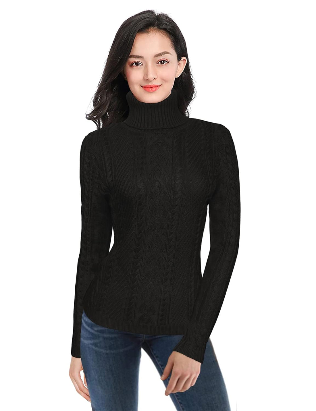 v28 Women Polo Neck Long Slim Fitted Dress Bodycon Turtleneck Cable Knit Sweater, Y Black, Large