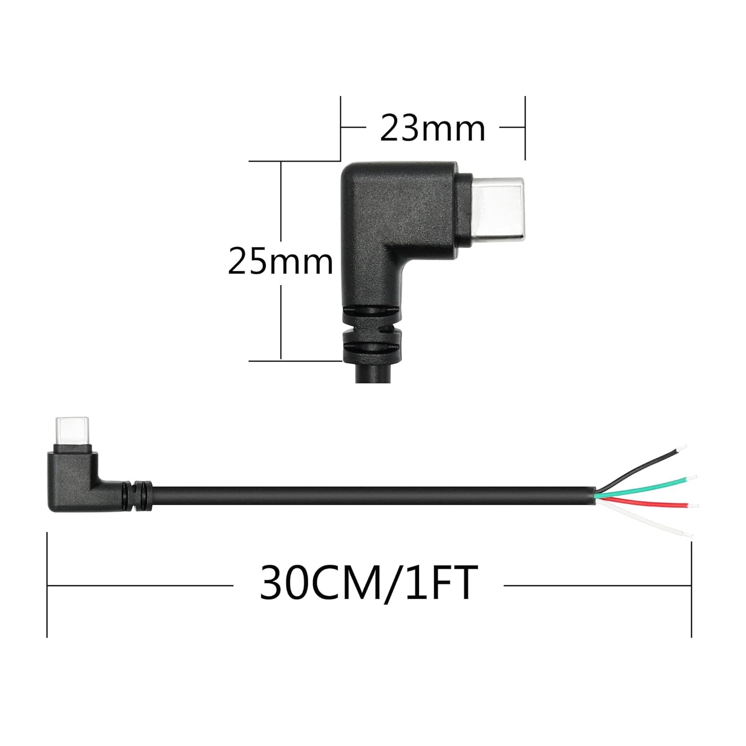 Short Right Angle USB C to 4 Pin Bare Wire Open End Wire 11inch, 90 Degree USB Type C Male Plug 4 Pin Pigtail Power and Data Cable 22AWG 5V/3A for USB Type C Device Replacement Repair DIY Cable(2Pcs)