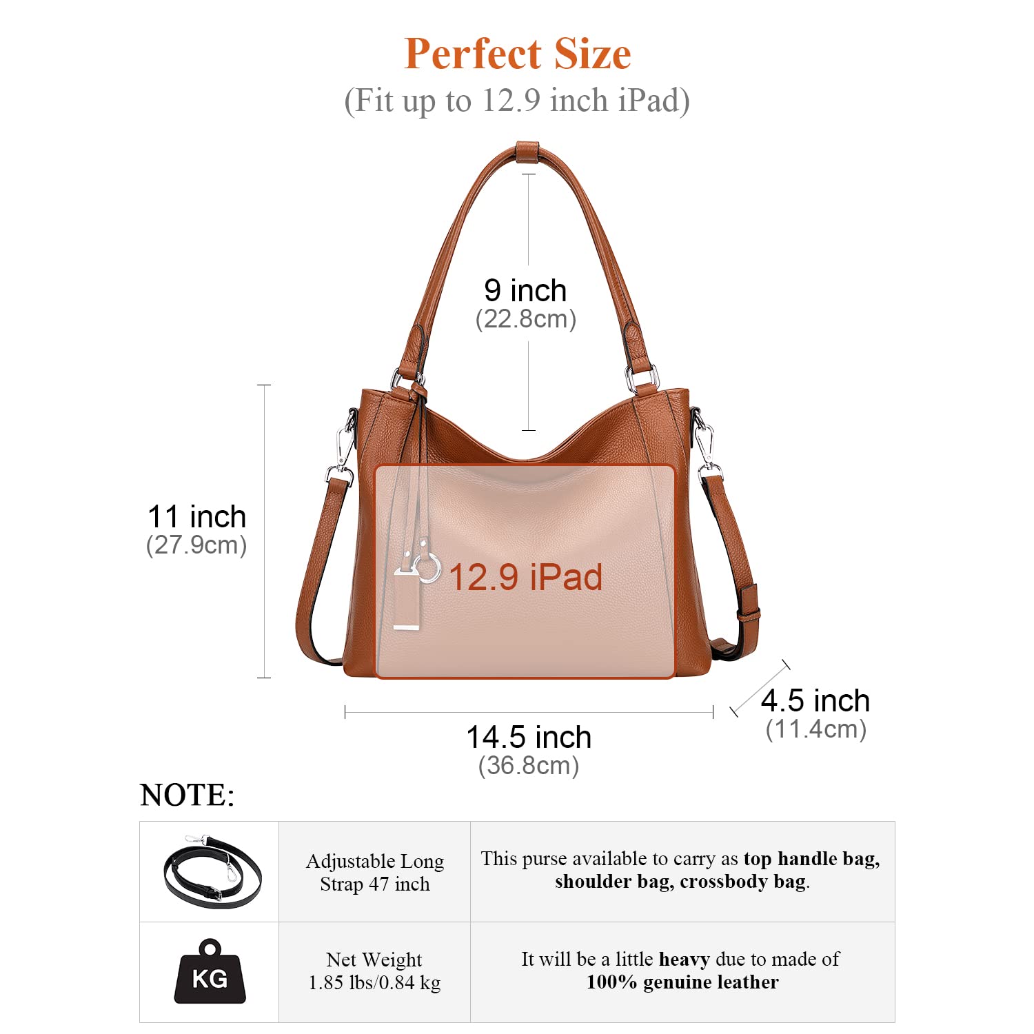 Over Earth Soft Leather Handbags for Women Shoulder Hobo Bag Large Tote Crossbody Bag, 10-orange Brown, Large Size
