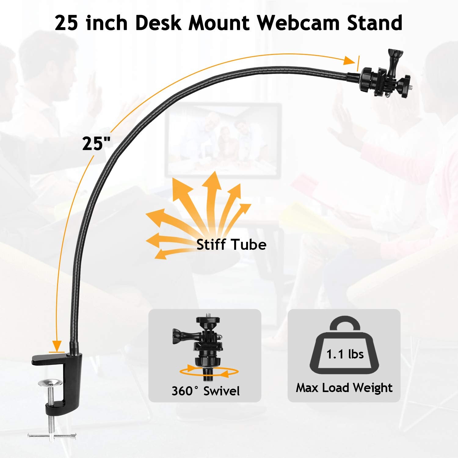 25 Inch Webcam Stand - Enhanced Desk Jaw Clamp with Flexible Gooseneck Stand for Logitech Webcam C920,C922,C922x,C930,C615,C925e,Brio 4K by AMADA HOMEFURNISHING