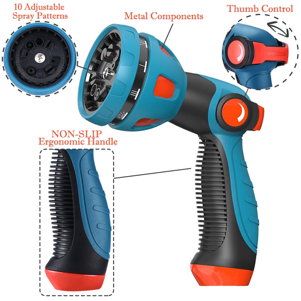 Garden Hose Nozzle - 10 Adjustable Patterns Metal High Pressure Hose Nozzle, Garden Hose Spray Nozzle with Thumb Control Design, Hose Sprayer for Garden & Lawns Watering, Cleaning, Pets & Car Washing