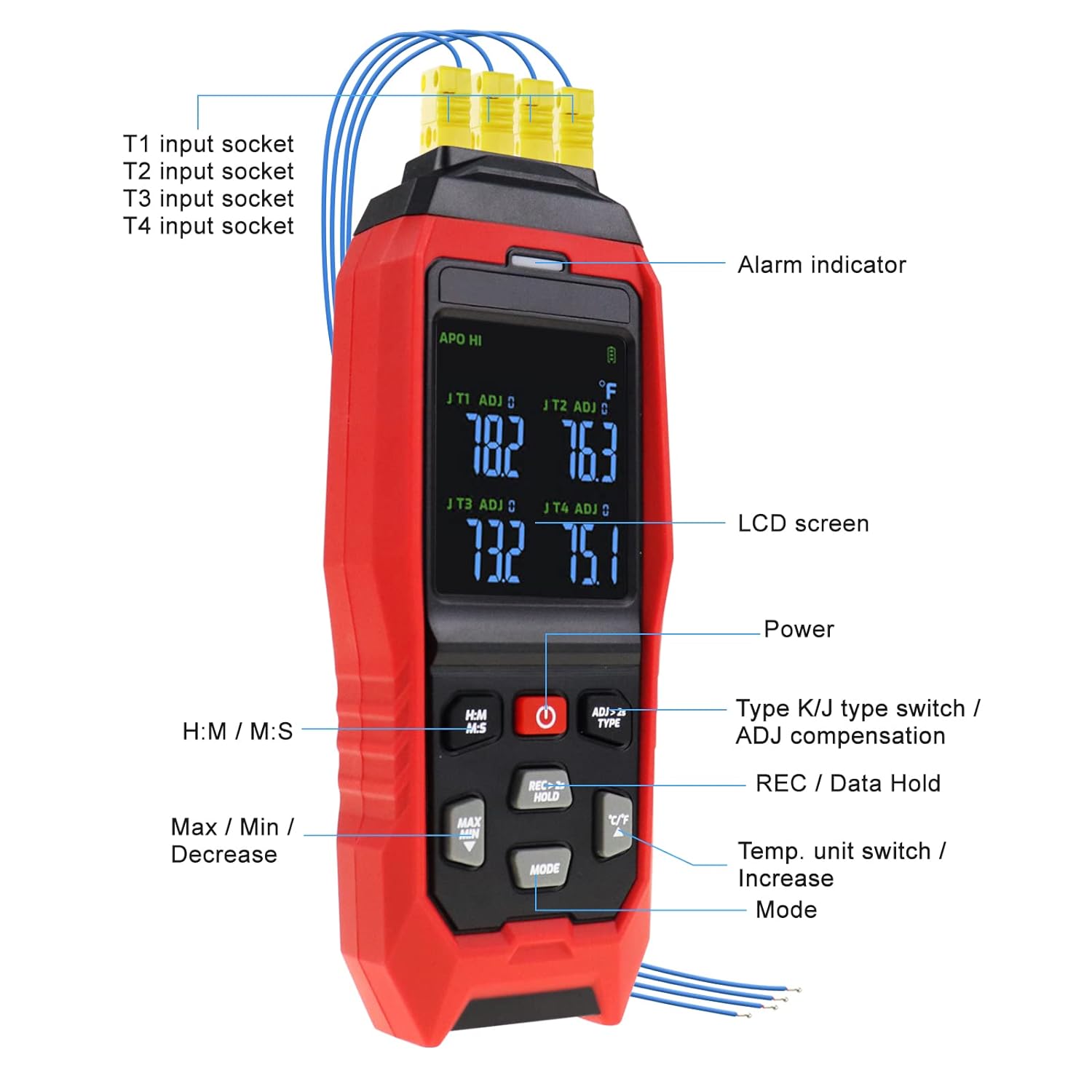 K Type Thermocouple Thermometer 4 Channels Thermometer Data Logger with Sound & Light Alarm and Real-time Data Logging