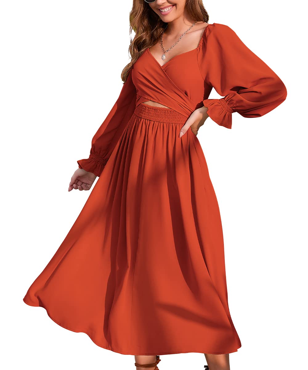 Women Tie Back Long Puff Sleeve Dress Sage Ruffle Wrap Reversible Flowy Casual Midi Dress with Pocket for Party Wedding Beach