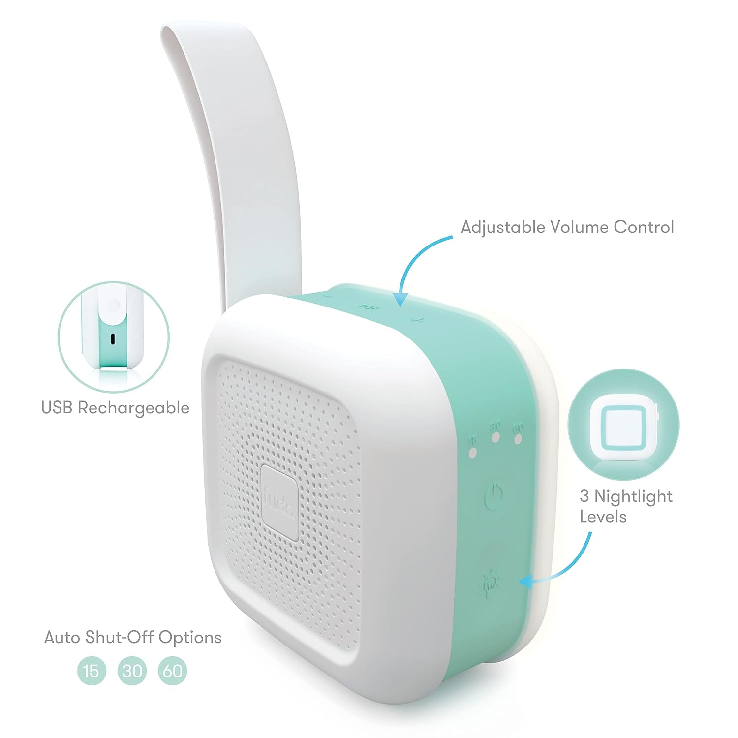 2-in-1 Portable Sound Machine + Nightlight by Frida Baby White Noise Machine with Soothing Sounds for Stroller or Car Seat with Volume Control