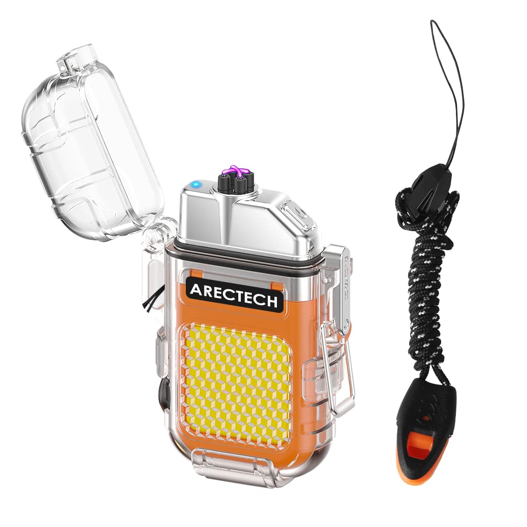 ARECTECH Rechargeable Lighter Electric Arc Dual Lighter 3 Modes of Flashlight Windproof Plasma Lighters Waterproof with Survival Emergency Whistle and Lanyard for Outdoor Candle Camping (Orange)