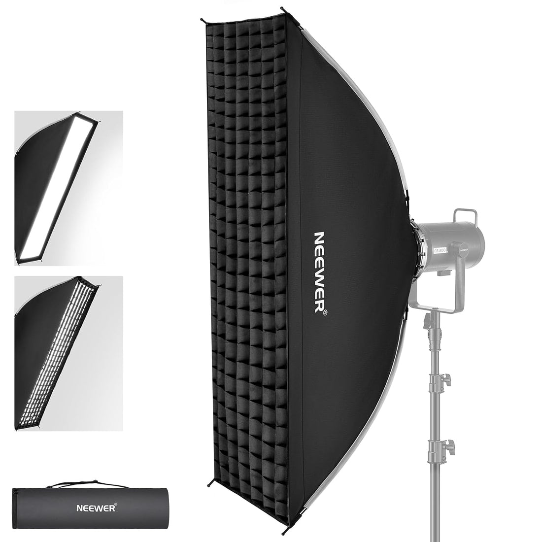 NEEWER 12"x47"/30x120cm Rectangular Softbox Quick Set up Quick Folding, with Diffusers/Beam Grid/Bag, Compatible with Aputure 120d Godox SL60w NEEWER RGB CB60 and Other Bowens Mount Lights, SF30120Q