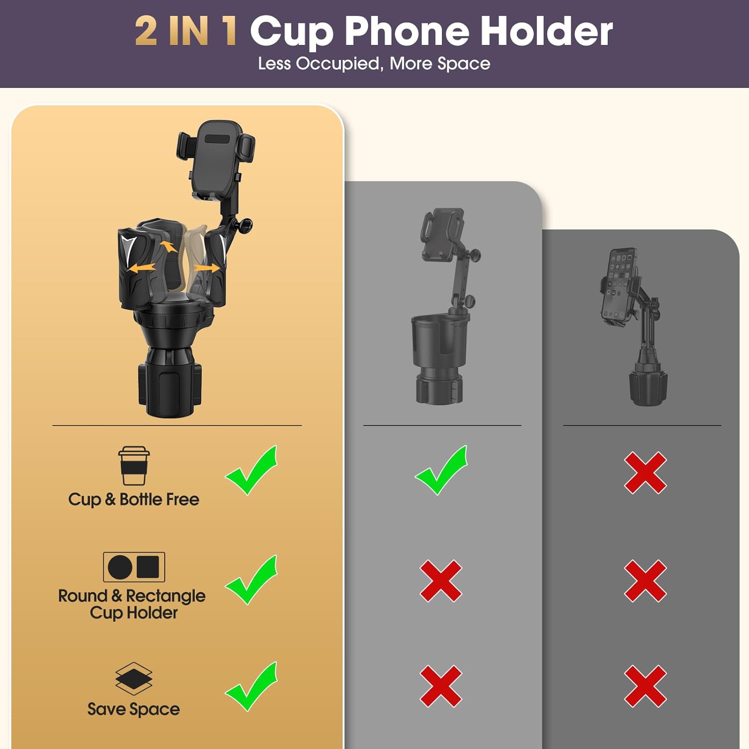 Cup Holder Extender Phone Mount (Adjustable) for Car with Expandable Base, 2-1 Multi Cupholder for Large Drink Bottle Mug and Phone Holder Fits All Smartphone (Black-Cup Holder Phone Mount for car)