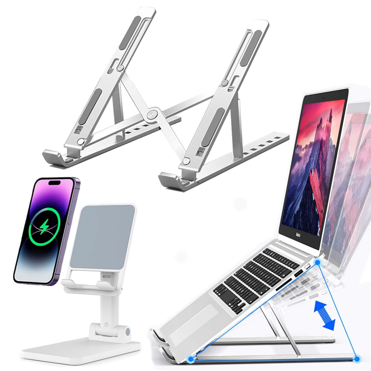 KLAQQED Laptop Stand for Desk, Aluminum Portable Laptop Stand, Phone Stand Holder, Foldable Tablet Notebook Stand for iPad MacBook Stand, Adjustable Height Laptop Stand for Office Desk Accessories