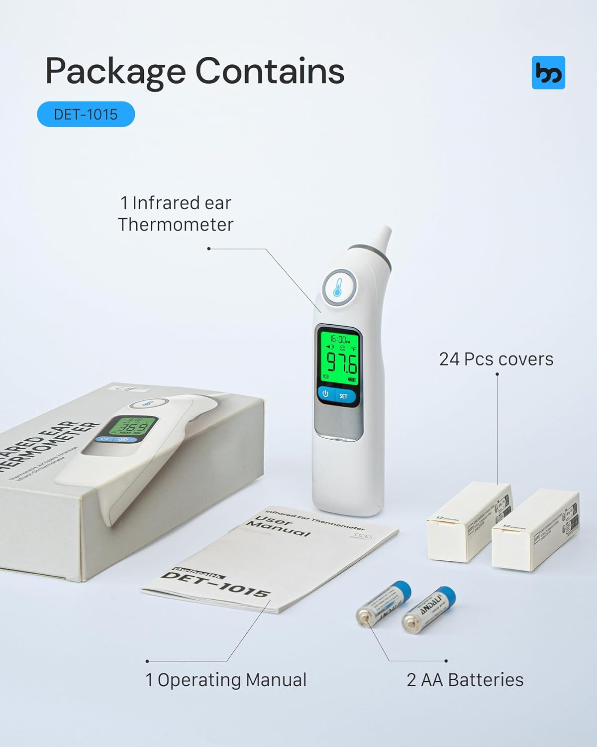 Femometer Family Ear Thermometer, Highly Accurate Ear Thermometer for Kids, Adults and Babies, 30 Memory Recall, 1s Result and 3-Color Fever Alert, with Disposable Probe Covers, Home & Office Use