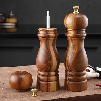 GENIEX Princess Wooden Salt and Pepper Grinder Set, Refillable Salt and Pepper Mills, Adjustable Coarseness, Housewarming ifts & Kitchen Gift, Cool Home Gadgets, 7.5 inch Acacia Wood Grinders Set 2pcs